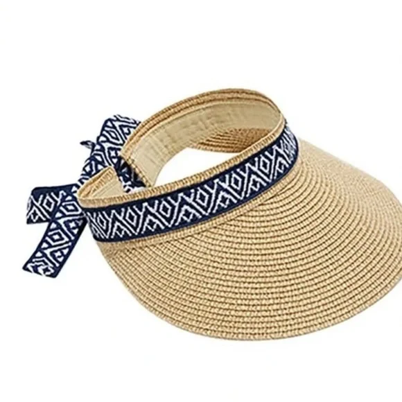 Sea & Grass Wicker Straw Embroidered Trim Sun Visor Beach Hat NWT - Picture 1 of 5